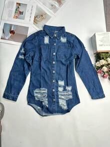 Women's Casual Mid-Length Distressed Washed Denim Jacket, Autumn - Medium Wash - View 3