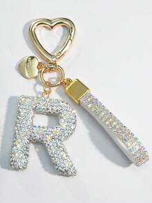 1pc White Ceramic Rhinestone Letter Keychain, Cute Personalized Bag/Car Key Chain, Simple Heart Decor For Mom, Friends, Valentine's Day Halloween Accessories Teachers Day Christmas Gift Ideas Bag Accessories Lanyards With Id Holder Car Accessories Bag Charms