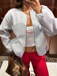 Women's Bomber Jacket Zipper Cardigan Solid Color Versatile Comfortable Double Layer Outwear