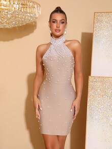 New Elegant Pearl Beaded Backless Sleeveless Bodycon Mini Bandage Dress, Sexy Women's Formal Evening Gown For Birthday Party, Formal Dinner, Carnival, Easter - Apricot - View 5