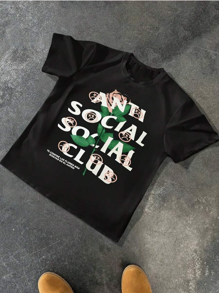 Anti Social Club Rose Graphic Aesthetic Theme Men's 100% Cotton T Shirt Streetwear - 款式9 - 查看 1