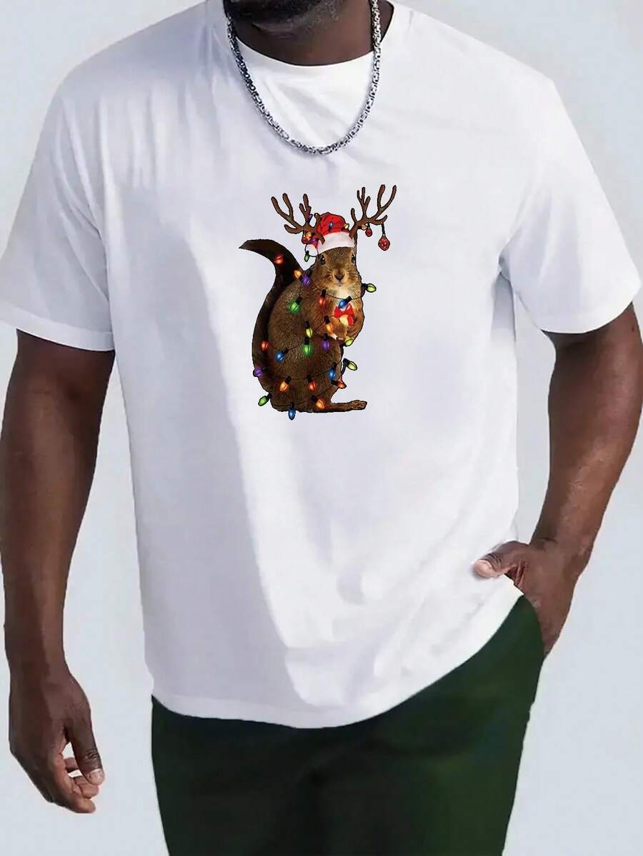 Camiseta de hombre con patrón de ardilla navideña para verano al aire libre, camisetas de cuello redondo de moda para hombres - Blanco - Ver 1