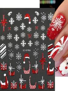 12片装3D圣诞新年雪花美甲贴纸 - 节日驯鹿、拐杖糖、圣诞老人、雪人，哑光表面，自粘式，12张，非常适合节日美甲，圣诞美甲贴纸 - 彩色 - 查看 3
