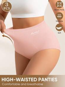MEIYATING 3pcs Women High Waist Tummy Control Cotton Panties With English Print, Comfortable Daily Wear