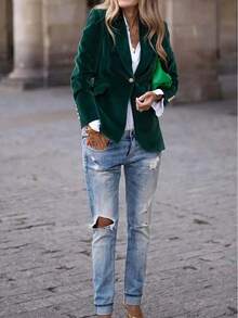 Women's Single-Breasted Velvet Blazer With A Pointed Collar, Suitable For Spring Office Wear Or Parties. Local Warehouse - 綠色 - 查看 4