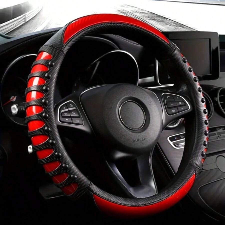 1 Stück Lenkradabdeckung mit Carbonfaser-Muster aus PU-Leder - stilvolles Design, strapazierfähiger Innenring-Griff, ganzjähriger Komfort für die meisten Autos, universelle Passform | Elegantes PU-Leder-Aussehen | strukturierter Griff