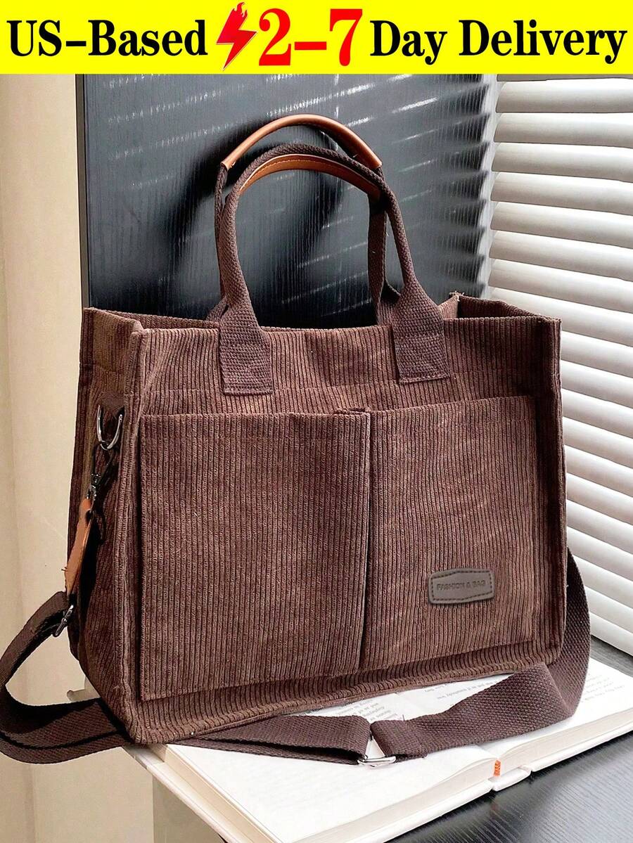 [US-Based Shipping]Brown Stylish Large Capacity Solid Color Corduroy Tote Bag For Women,Letter Patch Multi-Pocket Shoulder Bag For Commuting & Going Out, Lightweight Durable Removable Shoulder Strap Outdoor Travel Crossbody Bags, Casual Versatile Square Shopping Handbag,Simple Versatile,Hobo Tote Bag For Women, Casual Large Capacity Purse Bucket Bag, Shoulder Satchel Daypack For Outdoor Travel And Work Commuting, Vintage Satchel Shopping Bags Computer Handbag,Purses And Bags Women Bags For Women Black Purse Beach Bag Halloween Tote Bags For Women Bolsos Para Mujer Crossbody Bags For Women Handbags For Women White Purse Totes Bags For Women Brown Purse Clear Bag School Bag Bride Purses For Women Wedding Clear Purse Work Bag Lunch Bag For Women Carteras Para Mujer - 棕色 - 查看 1