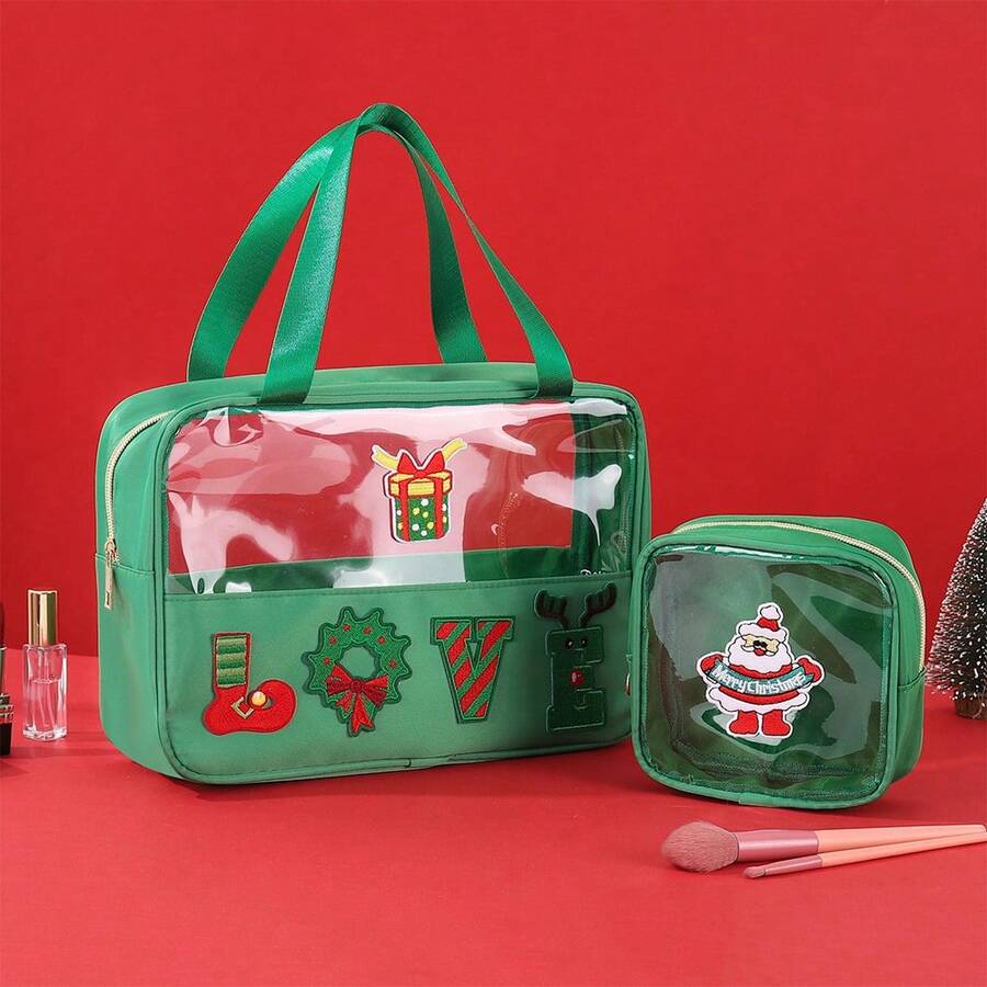 2pcs/Set Theme Happy/Love Chenille Letter Bag Flat Pouch, Multi-Purpose PVC Cosmetic Bags, Travel Makeup Bag With Zipper Women, Pouches Travel, Gym, Beach, Halloween & Travel Storage Bag,Makeup Bag,Cosmetic Bag,Vacation Organizer,Large Capacity Makeup Organizer Makeup, Lipstick, Brush, Skincare, Mobile Phone, Coin, Small Items, Home,,Vacation And Festival Halloween Multifunctional Use,Boho Vibes