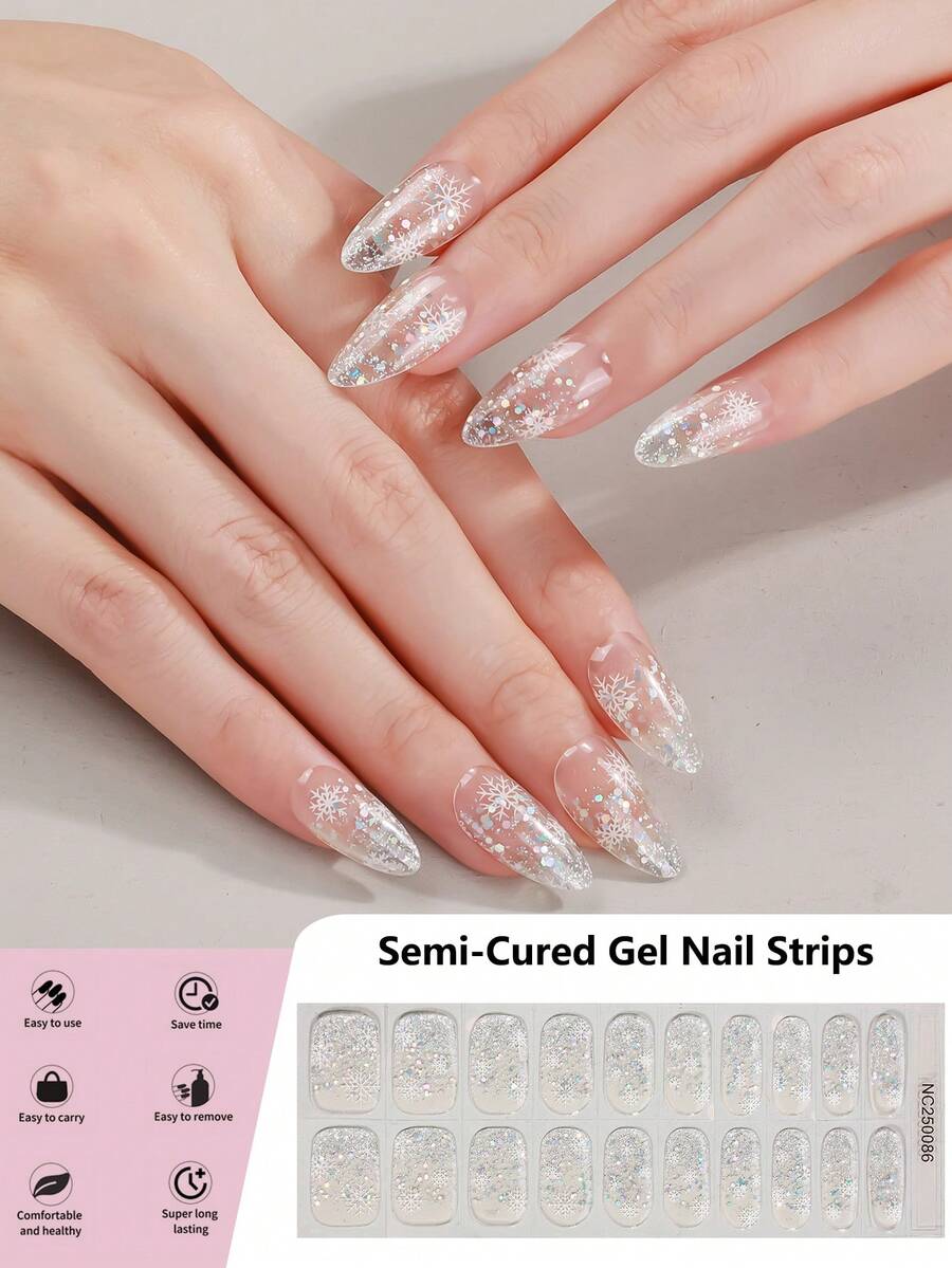 20 Tipps Weihnachts-Themen Semi-gehärtete Gel-Nagelfolien, klare glitzernde Zwiebel-Rosa Schneeflocken mit Dopamin-Perlmuster, Salonqualität, selbstklebende Vollwrap-Nagelkunst, UV-Lampe erforderlich, einfach anzuwenden und zu entfernen, geeignet für Frauen und Mädchen für Weihnachtsfeiern, Dates und DIY-Nagelkunst