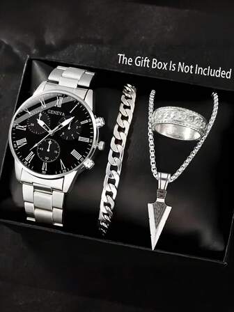 4 st herrarmband med silverfärgad rem, casual, affärsmässig, retro, treögd, romersk urtavla, kvartsklocka, armband, halsband, ring, smyckeset, lämplig för vardagsbruk, dekoration eller högtidsgåvor