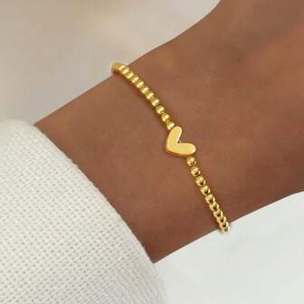 1pc Simple Fashion Heart Golden Silvery Beaded Bracelets For Women