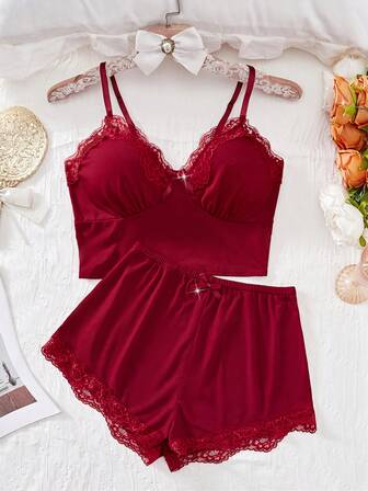 Set de 2 piezas de pijama con encaje floral. Conjunto de top con cuello en V de unicolor y pantalón corto de tela de punto a rayas cómoda con lazo, pijama y ropa de dormir para mujer, ideal para Navidad