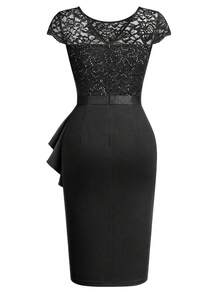 MIUSOL Women's Elegant Contrast Lace Sequin Insert Ruffle Trim Ruched Wrap Hem Bodycon Dress, Round Neck, Cap Sleeves, Perfect For Easter, Mother Day, Cocktail Party, Evening, Wedding Party - Black - View 7