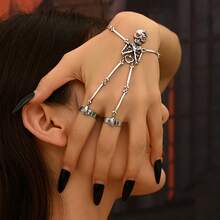 Gothic Punk |   Skeleton] 1pc Gothic Punk Skeleton Hand Chain Ring |   Adjustable Movable Skull & Bone Charms With Heart Eyes & Bow Accent, Edgy Statement Jewelry For Women, Year-Round Wear For Daily Outfits, Halloween, Costume Parties & Gothic Events, Halloween Accessories, Bold Design, Intricate Design, Alternative Fashion - Bạc - Xem 1