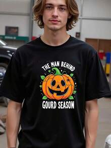 Natee Men'S & Teens Halloween T-Shirt - Funny "The For Man Behind Gourd Season" Pumpkin Graphic Tee, Soft Breathable Black Shirt With White Print, Regular Fit Casual Streetwear For Halloween Parties, Fall Festivities, Year-Round Comfort - Adult & Youth Sizes Available, Seasonal Fashion, Playful Design, Comfortable Material, Short Sleeve Top, Festival Goers,Nightmare Before Christmas,Christmas,Halloween Costumes,Funny T Shirts,Summer Outfits,Thanksgiving Day,Men Graphic Tees,Streetwear Men - màu đen - Xem 1