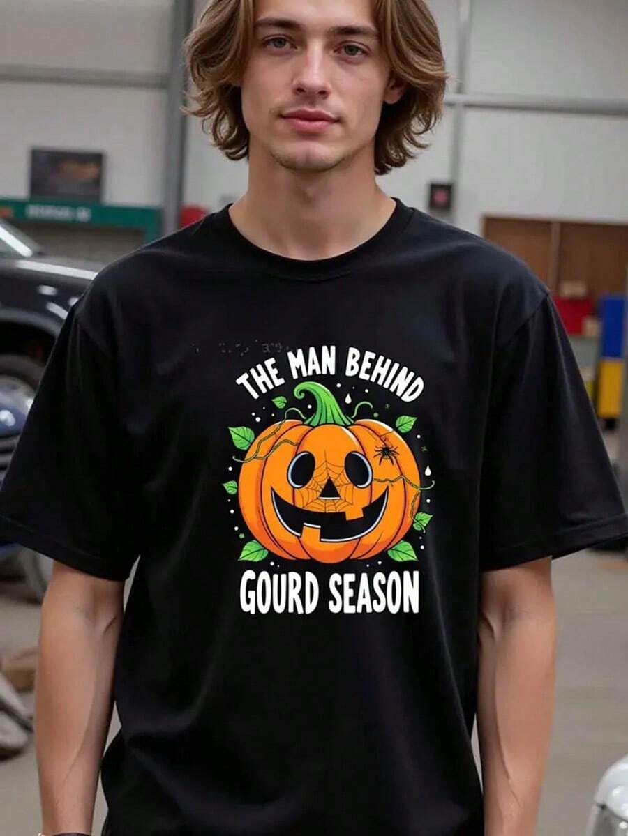 Natee Men'S & Teens Halloween T-Shirt - Funny "The For Man Behind Gourd Season" Pumpkin Graphic Tee, Soft Breathable Black Shirt With White Print, Regular Fit Casual Streetwear For Halloween Parties, Fall Festivities, Year-Round Comfort - Adult & Youth Sizes Available, Seasonal Fashion, Playful Design, Comfortable Material, Short Sleeve Top, Festival Goers,Nightmare Before Christmas,Christmas,Halloween Costumes,Funny T Shirts,Summer Outfits,Thanksgiving Day,Men Graphic Tees,Streetwear Men - màu đen - Xem 1