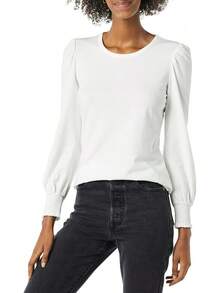 ¡RecomendadoAmazon Essentials Mujer Playera de Manga Larga con Cuello Redondo y puño Fruncido¡Top de Temporada - Blanco - Ver 1