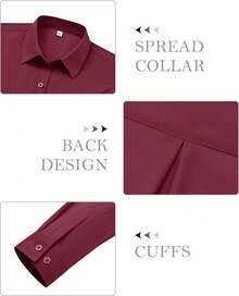 Button Down Shirts Women Dress Shirt Cotton Long Sleeve Collared Business Work Office Blouse Top (Note: Here, "Siliteelon" Is Assumed To Be A Brand Name So It Is Omitted, And Popular Word "" Is Added Optimization) - 酒紅色 - 查看 7