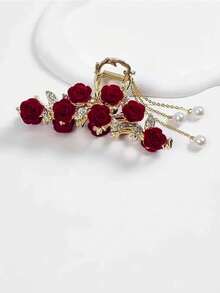 1件女款合金水鑽流蘇髮夾，附14朵玫瑰，適合日常配戴，優雅風格 - 金色 - 查看 4