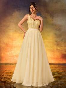 Women's Sequins Sparkling A Swing Dress Elegant V-Neck Tulle Flutter Evening Dress For Wedding Guest Formal Evening Birthday Party - Gold - View 5