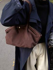 1pc Solid Color Suede Fabric Shoulder Bag For Women, Vintage Fashion Large Capacity Handbag With Dual Handles And Snap Closure, Suitable For Travel, Shopping, Dating, Women's Gift, Suitable For Teenage Girls, College Students, And Office Ladies, Great For Office, School, Work, Business, Commuting, Outdoor, Travel, Picnic, New Fall Fashion 2025 For Women - 咖啡棕 - 查看 4