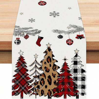 Chemin de table sapin de Noël, carreaux rouges et noirs, sapin, flocons de neige, branches de pin, décoration de table de cuisine et de salle à manger pour les fêtes d'hiver