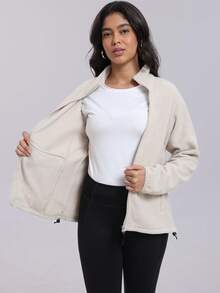 RUNONWHEELS 5 女士经典全拉链柔软保暖抓绒外套，羊羔绒内衬外套，仿毛皮长袖休闲拉链飞行员夹克，户外保暖，适合春、秋、冬运动和滑雪穿着 - 米色 - 查看 3