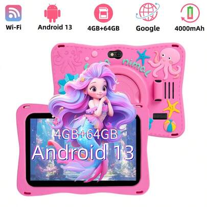 4GB RAM + 64GB ROM / 7-Inch Tablet / Quad-Core 1.3GHz / Android 13 / 1024x600 HD IPS Display / 2MP+5MP Camera / 4000mAh Battery / WiFi, Parental Control, Education, Gaming / ABS Plastic + Silicone, Education Tablet (Includes: Packaging Box, Data Cable, Manual, OTG, SIM Card Needle)