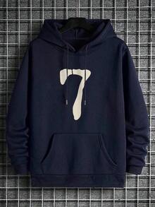 Sudadera con capucha casual para hombres con cordón y estampado del número "7" en el bolsillo, de vuelta a la escuela, otoño/invierno - Azul marino 2 - Ver 2