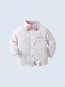 BOARNSEORL 2pcs Young Boys Gentleman Outfit - Long Sleeve Shirt With Bowknot And Pink Suspender Pants, Fashionable Casual Suit For Party, Wedding, Anniversary Celebration