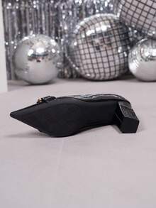 Women's Fashion Plus Size Black Glossy Chunky Heel Buckle Decor High Heels, Elegant & Comfortable For Work