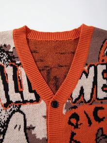 Men's Casual Loose Minimalist Halloween Themed Cartoon & Letter Print V-Neck Button-Up Long Sleeve Cardigan Sweater, Autumn/Winter