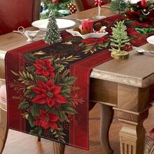 Christmas Poinsettia Table Runner - Knit Fabric Rectangular Holiday Table Decor, Festive Floral Design For Indoor & Outdoor Christmas Party Decorations