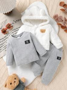 3pcs Set, Casual, Cute, Baby Boy Clothes, Toddler Autumn/Winter Outfit, Soft & Comfortable, Cartoon Bear Applique Embroidery Hooded Jacket, Fleece Crew Neck Top And Pants, Suitable For Daily, Holiday, Party, Outdoor