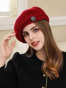 1顶复古风休闲贝雷帽，饰有水钻，适合秋冬季节，也适合情人节佩戴。黑色贝雷帽 - 多色 - 查看 11