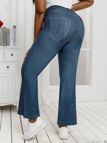 Plus Size Denim Effect Stretch Flare Leggings High-Waisted Loose Wide Leg Pants For For Everyday And Wear