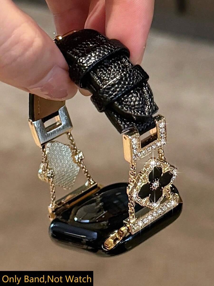 1条兼容苹果手表的表带，新款高级女士金色闪亮镶钻金属黑色皮革表带，兼容苹果手表38/40/41/42/44/45/46/49毫米，兼容苹果手表Ultra/SE/11/10/9/8/7/6/5/4/3/2/1，时尚智能手表配件，金色表带