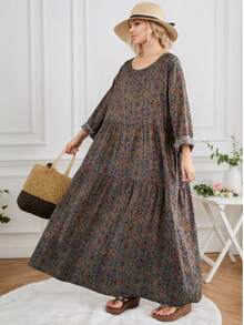 AZAH Festival de Primavera Chino, Tops 2026, Vestido Largo de Otoño, Vestido Suelto Plisado de Cuello Redondo y Manga Larga de Otoño, Vestido Casual Bohemio de Vacaciones Diarias, Vestido Retro de Talla Grande para Mujer, Un Vestido, Estampado Aleatorio - Café integral - Ver 7