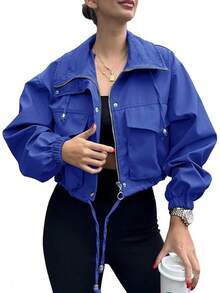 Womens Cropped Zip Up Lightweight Oversized Utility Anorak Coat With Pockets, Style EBU0 - Royal Blue - View 1