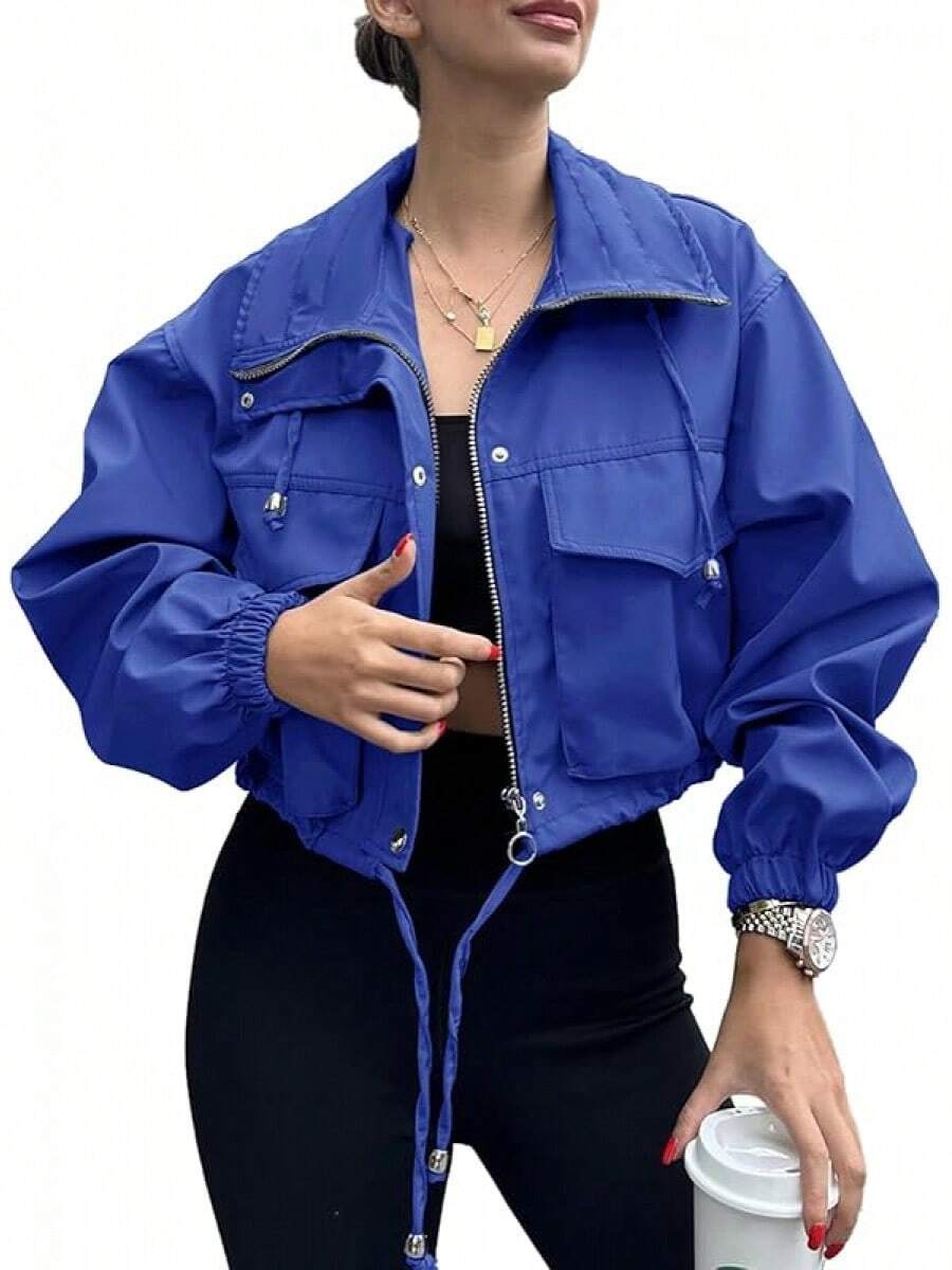 Womens Cropped Zip Up Lightweight Oversized Utility Anorak Coat With Pockets, Style EBU0 - Royal Blue - View 1