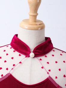Girls' Velvet Patchwork Mesh Collar Elegant Fishtail Dress, Suitable For Spring & Autumn