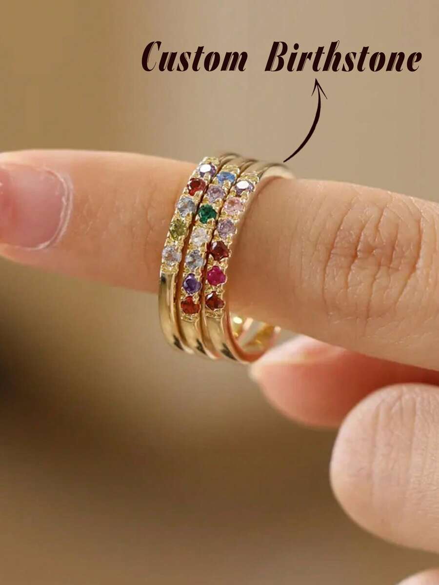 1枚简约可叠戴圆形星座石装饰戒指，适合女性和女孩佩戴，优雅的星座石戒指，可定制多宝石戒指，生日石首饰，生日礼物，伴娘礼物，母亲节礼物，精致女士首饰礼物，约会礼物，情人节礼物 - 彩色 - 查看 1