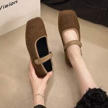 2025 Neue Vintage Quadratische Spitze Flache Einriemen Mary Jane Schuhe für Frauen, Warme Plüsch Nische Pelzige Flats