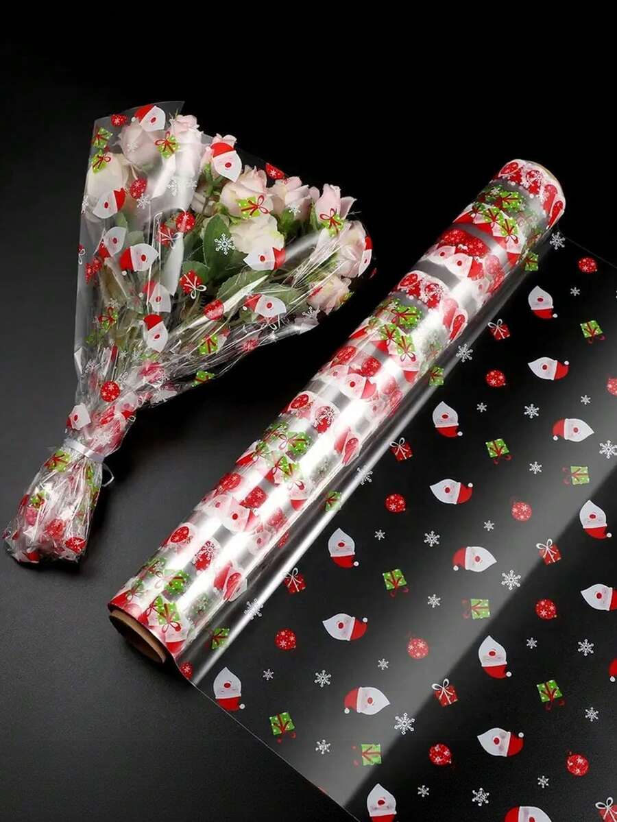 Rouleau d'emballage cellophane de Noël - Épaisseur de 2,5 mil, motifs festifs pour cadeaux, paniers, bonbons et artisanat, transparent, 39,88 cm x 30,48 mètres