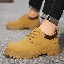 Sapatos de Couro Outono Masculino, Oxford de Sola Grossa Retrô Preto, Botas de Trabalho Externo, Botas de Cano Baixo, Estilo Britânico