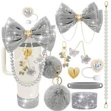 QY Bling Cup Accessories For 40/30/20 Oz Tumbler With Handle Including Glitter Bow Straw Topper, Heart Straw Cover, Pearl Water Bottle Handle Strap, Boot, Pom-Pom, Keychain Charms(Sliver) 2216 - 銀灰色 - 查看 1