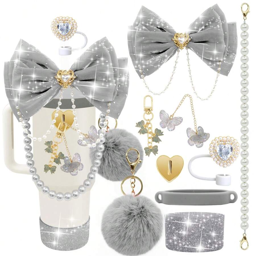 QY Bling Cup Accessories For 40/30/20 Oz Tumbler With Handle Including Glitter Bow Straw Topper, Heart Straw Cover, Pearl Water Bottle Handle Strap, Boot, Pom-Pom, Keychain Charms(Sliver) 2216 - 銀灰色 - 查看 1