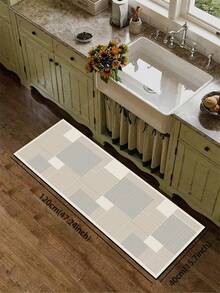 1块硅胶厨房垫，由不同大小的矩形块组成，带有平行垂直条纹的极简几何图案，浅米色、浅灰色调，营造简约现代的视觉效果。奢华时尚厨房垫，缓冲抗疲劳，表面织物材质，中间海绵吸水材质，底部橡胶材质防滑防水厨房地毯浴室厨房装饰