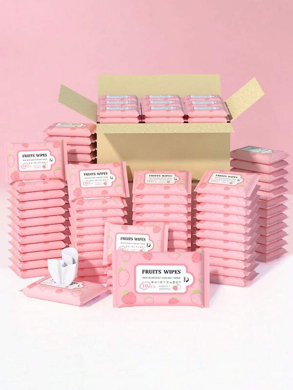 50 piezas/100 piezas Toallitas húmedas portátiles de tela no tejida con estampado de fresa (10 piezas/bolsa), Paquete portátil mini de pañuelos con esencia de vitamina C sin perfume, Toallitas desechables de limpieza, Paquete pequeño de toallitas húmedas, No contienen alcohol, Usado para la limpieza de artículos diarios al salir, Esencial para viajes y viajes de negocios, Toallitas húmedas para el cuidado corporal al aire libre