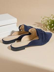 Musshoe Women's Pointed Toe Pleat Flat Mules, Slip-On Flats, Versatile Casual Loafers Suitable With Dresses, Soft And Comfortable Work Shoes, Spring/Summer/Autumn - 藏蓝色 - 查看 6